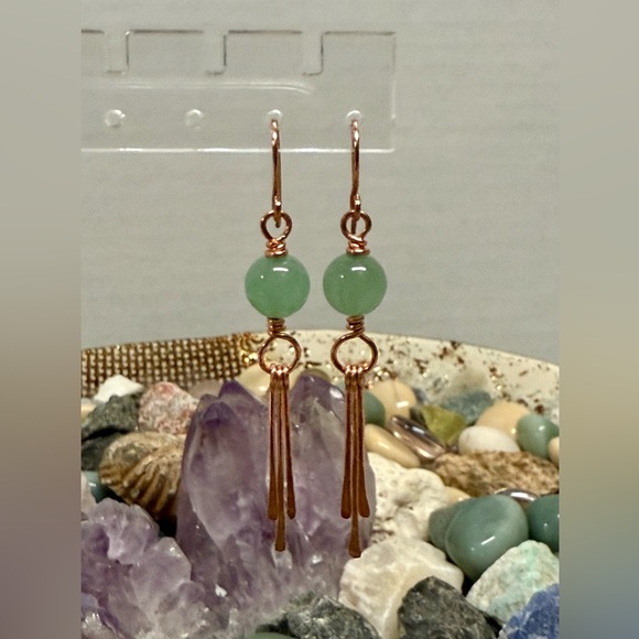 Green Aventurine Copper Dangle Earrings With Hammered Fringes - Picture 5 of 5